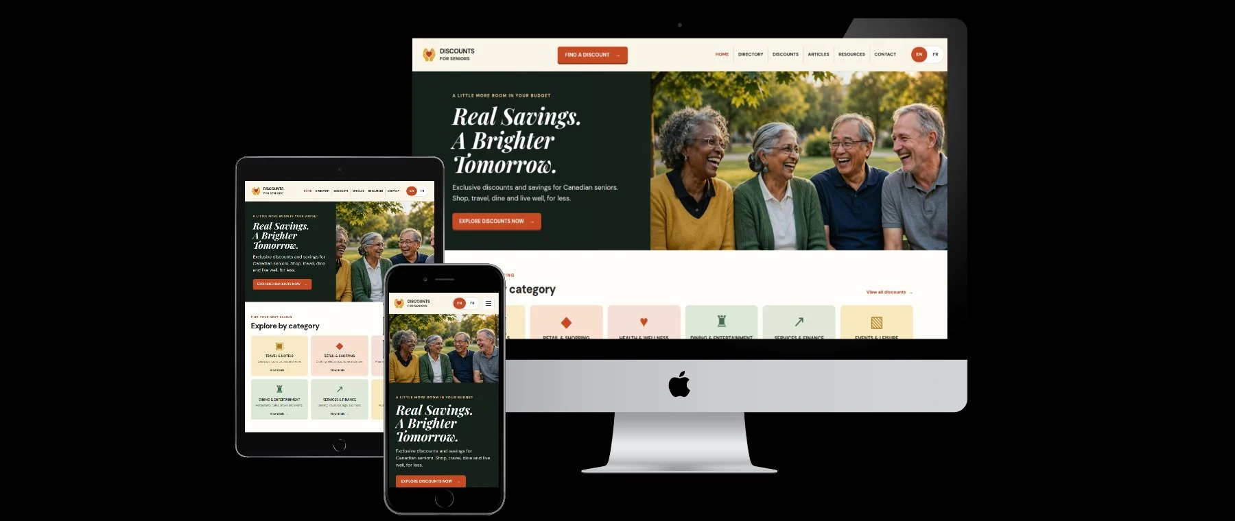 Discounts for Seniors website shown on desktop, tablet, and phone