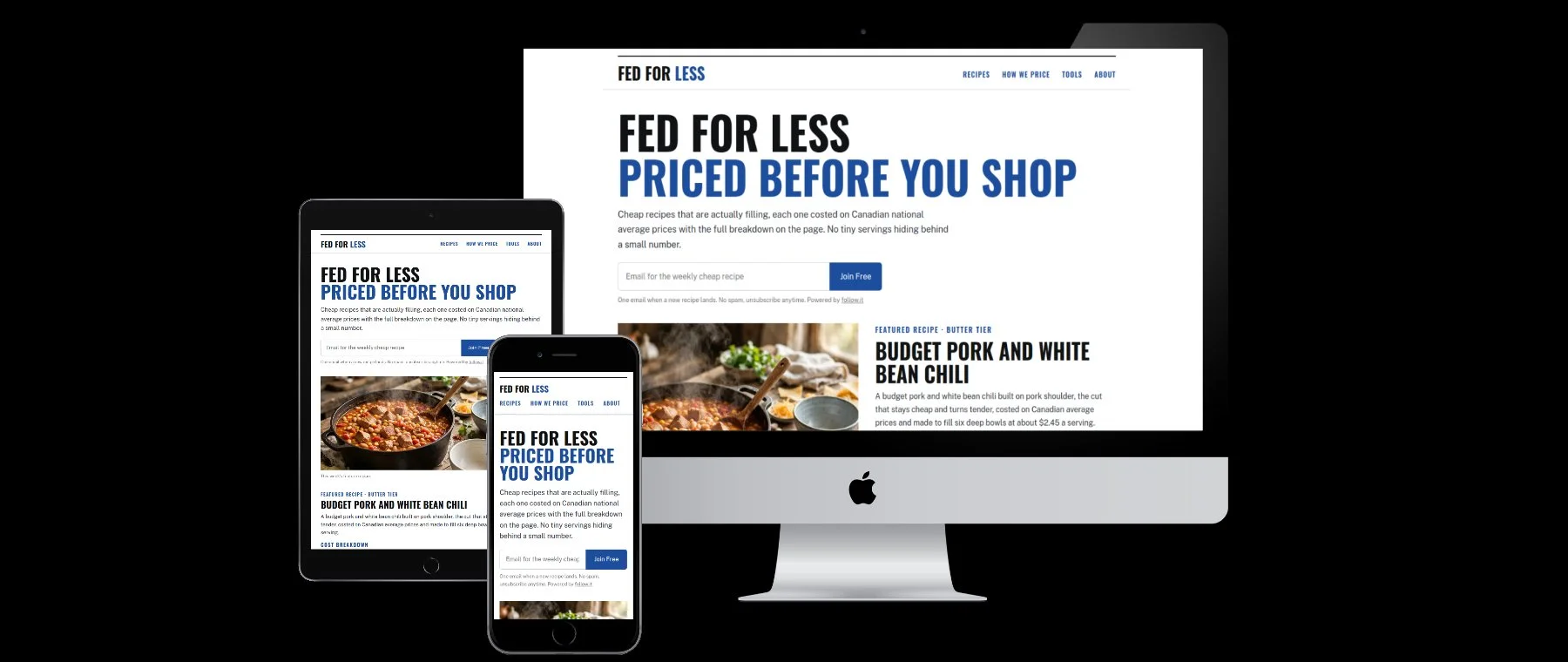 Fed For Less website shown on desktop, tablet, and phone