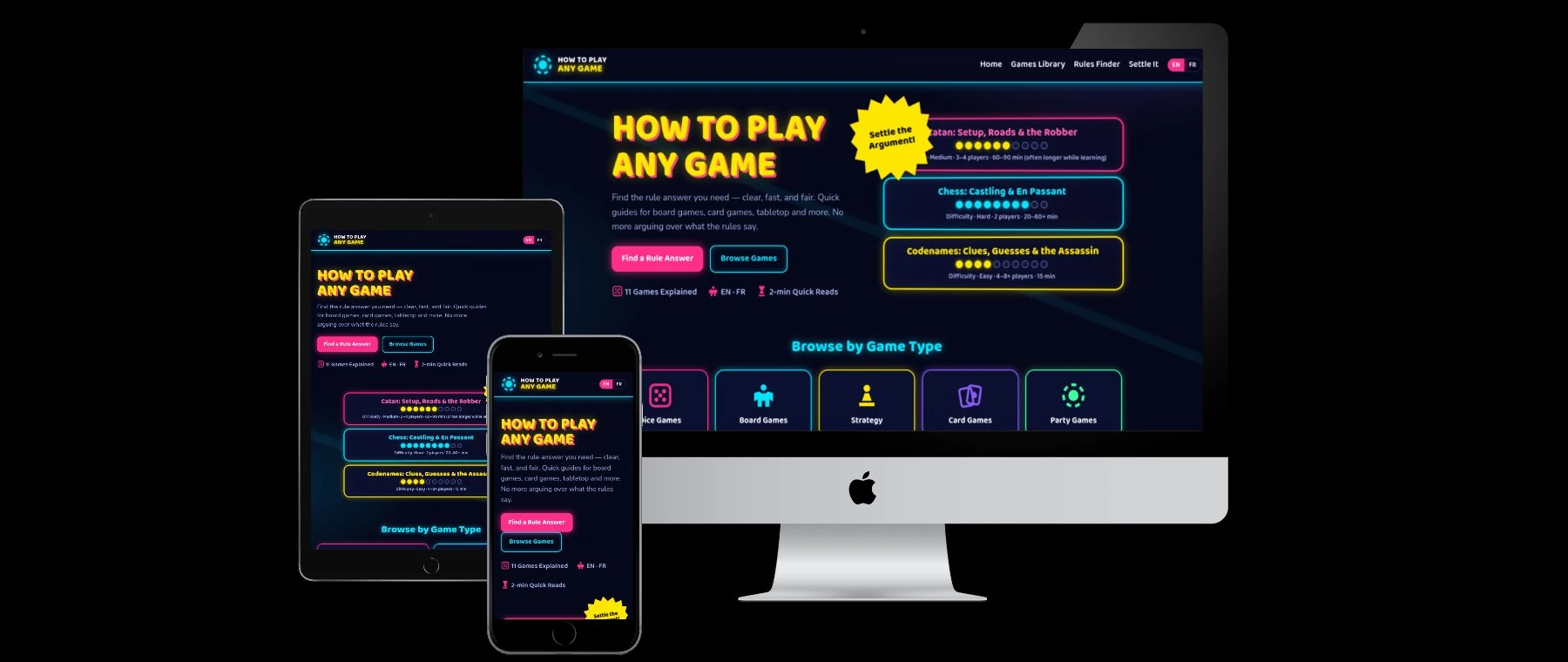 How to Play Any Game website shown on desktop, tablet, and phone