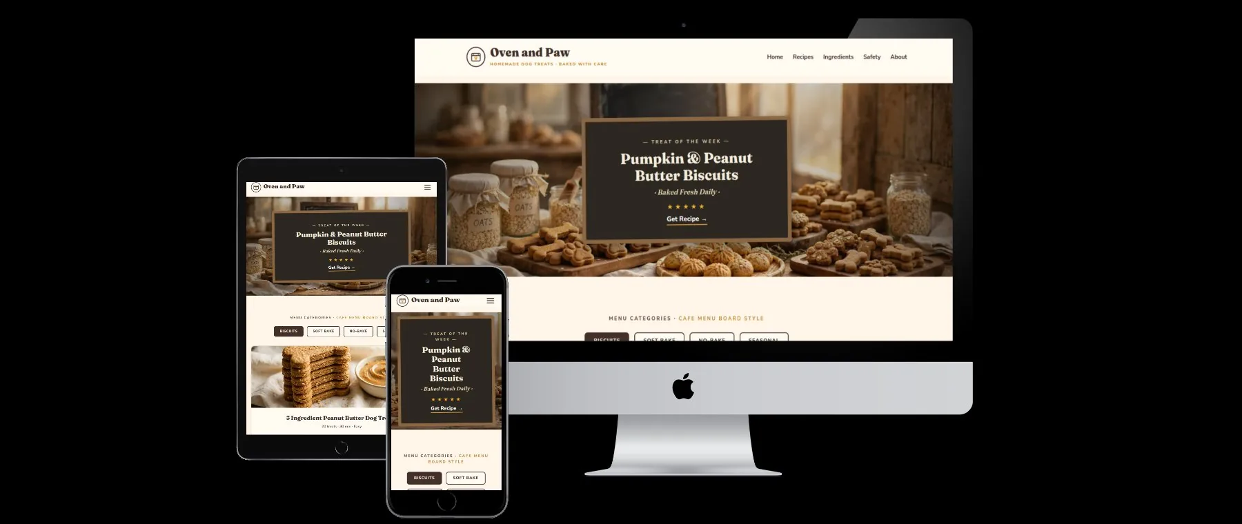 Oven and Paw website shown on desktop, tablet, and phone