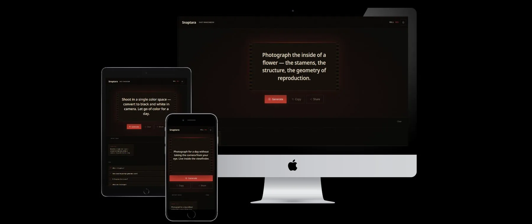 Snaptara website shown on desktop, tablet, and phone