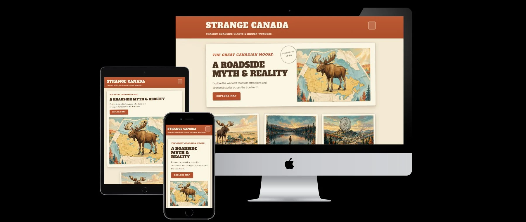 Strange Canada website shown on desktop, tablet, and phone