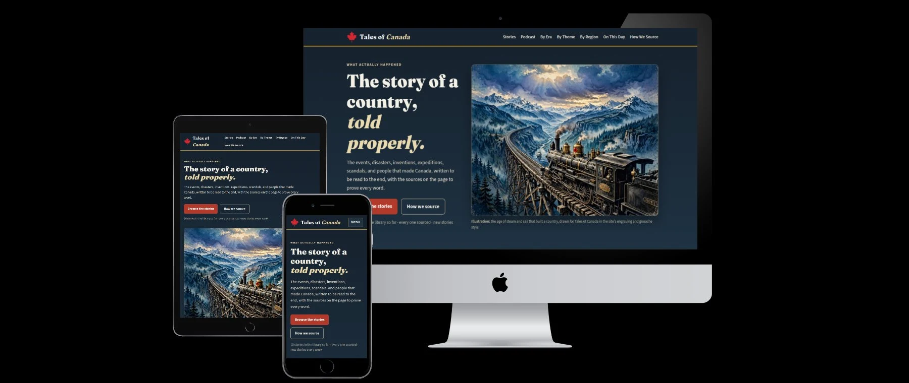 Tales of Canada website shown on desktop, tablet, and phone
