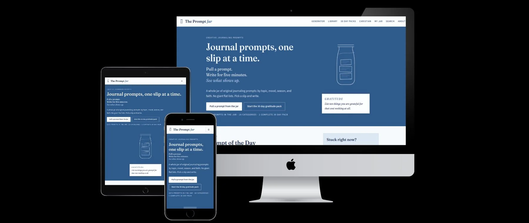 The Prompt Jar website shown on desktop, tablet, and phone